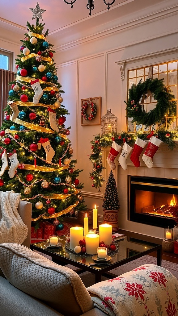 A cozy Christmas living room with a decorated tree, fireplace, and festive decor.